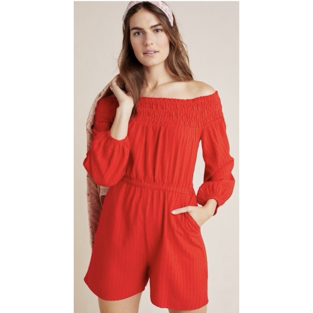 Anthropologie Amadi Long Sleeves Off The Shoulder Romper Red SZ SM Game Day NWT